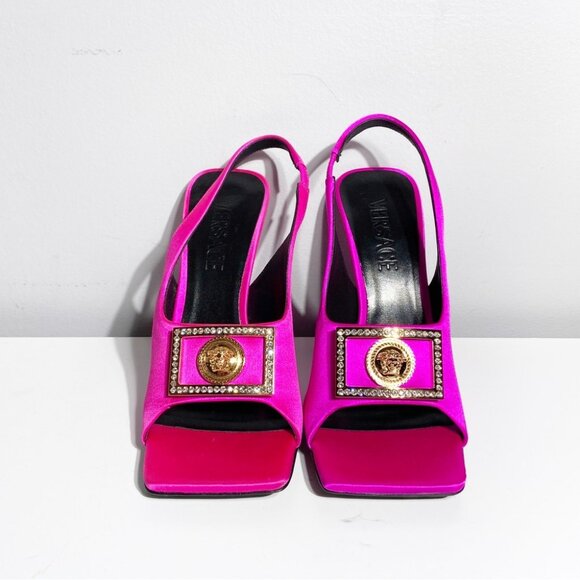 NWT Versace Crystal Medusa Square Toe Slingback High Heel Sandals size 36.5 - Picture 2 of 10
